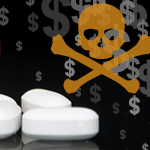medicine pills next to skull danger image