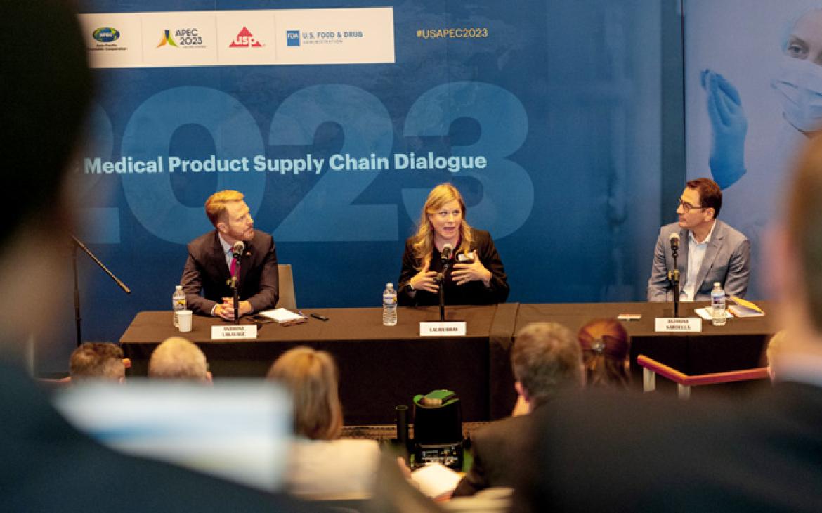 Bray speaking during an April 25 panel session of the Asia-Pacific Economic Cooperation (APEC) forum’s Medical Product Supply Chain Dialogue, co-hosted by the U.S. FDA and USP in Rockville, Maryland